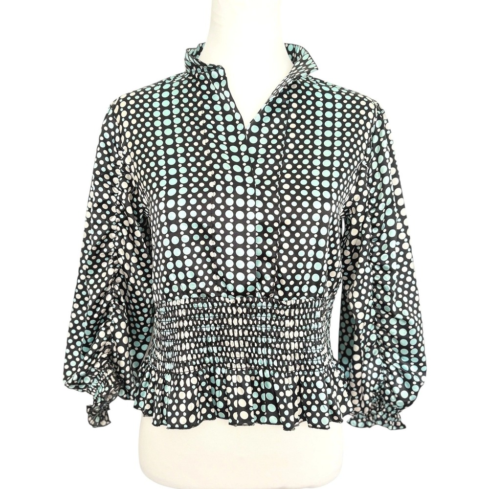100% SILK DVF Diane Von Furstenberg Polka Dot Smocked Waist Blouse Top Women's M